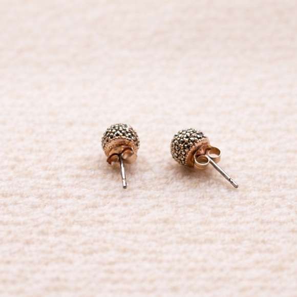 Sterling Silver Marcasite Pave Dome Stud Earrings – 925 Signed - Picture 2 of 3